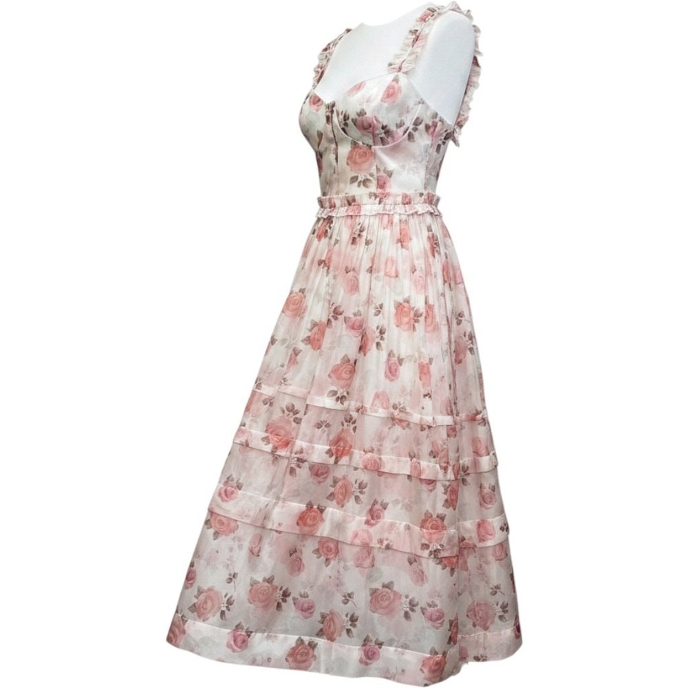 Lulus Pink Floral Organza Bustier Tiered Midi Dress Ruffle Straps Small NEW